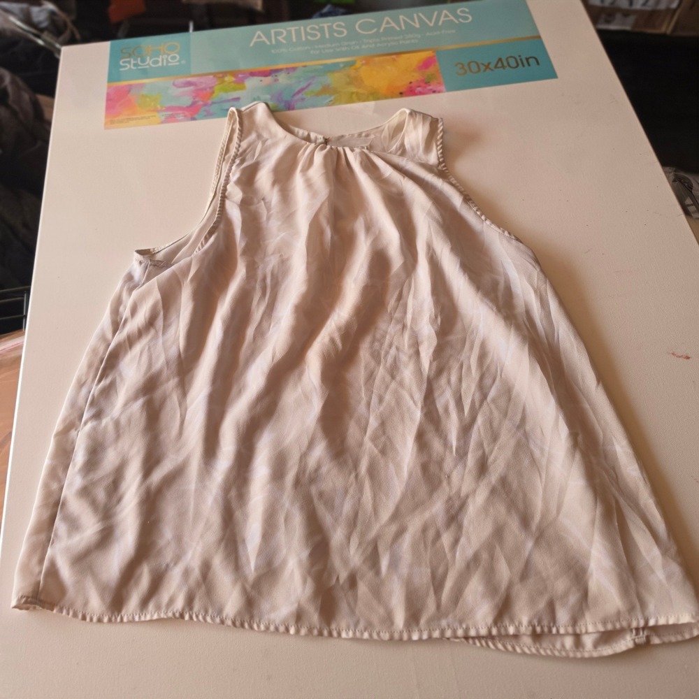 A New Day Womens Large Sleeveless High Neck Blouse Beige Abstract Print Top
